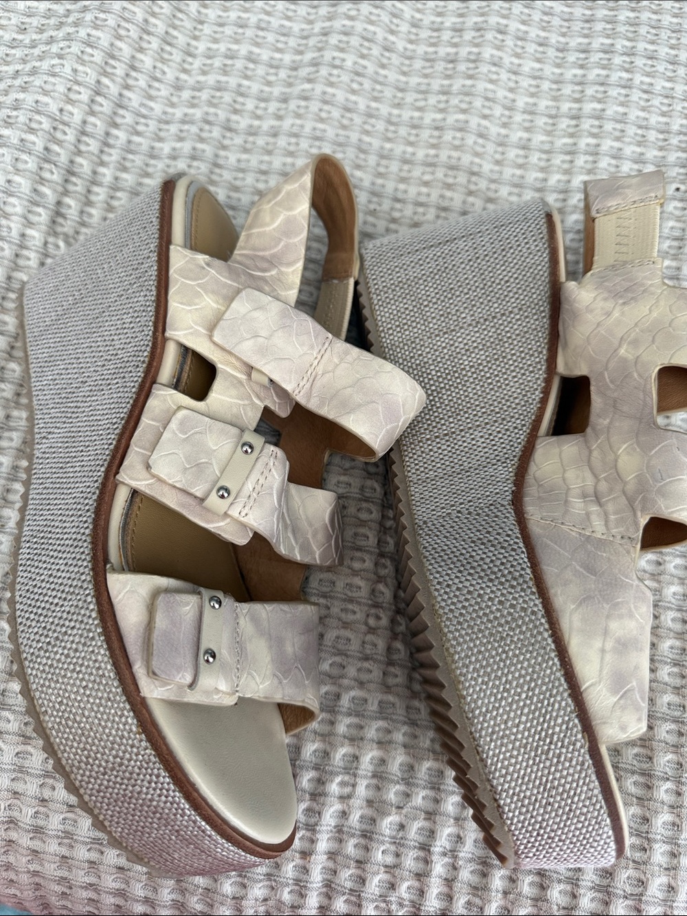 Donald J. Pliner Iris Snake-Embossed Cream Wedge Sandals - Picture 3 of 6